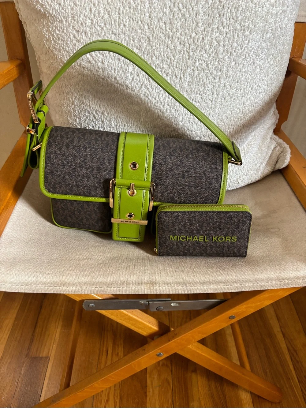 Michael Kors Brown Signature Mini Bag with Lime Green Trim & Matching Wallet